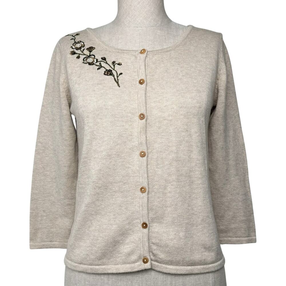 Vintage Ann Taylor Embroidered Cotton Cardigan Heather Oatmeal 90s Small